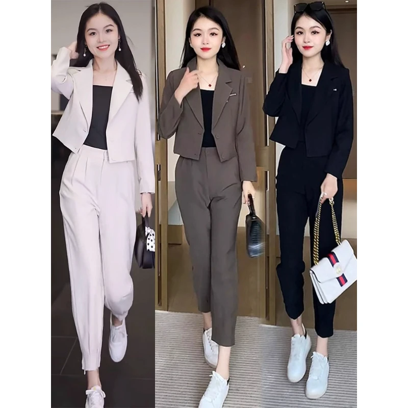 拉夏贝尔职业套装休闲时尚女2025春秋新款小西装小个子穿搭一整套