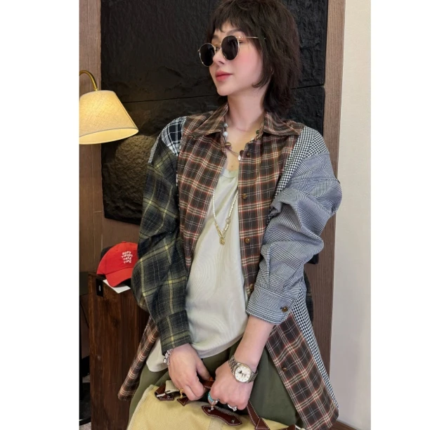HY1987春秋韩版多色拼接格子宽松休闲衬衫长袖时尚百搭设计感