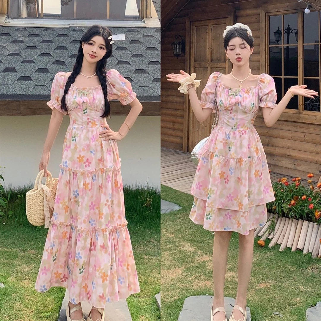 法式方领小飞袖印花连衣裙女夏季甜美减龄少女感收腰显瘦蛋糕长裙