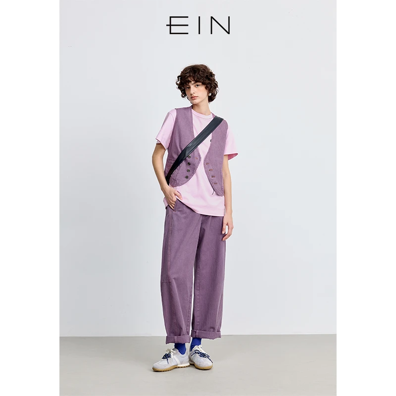 EIN/言【商场同款】山系工装风做旧撞色分割棉灯笼裤女25早春新款