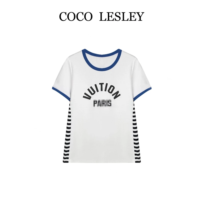 【COCO LESLEY】66956#轻奢时尚条纹印花T恤衫2025设计师个性上衣