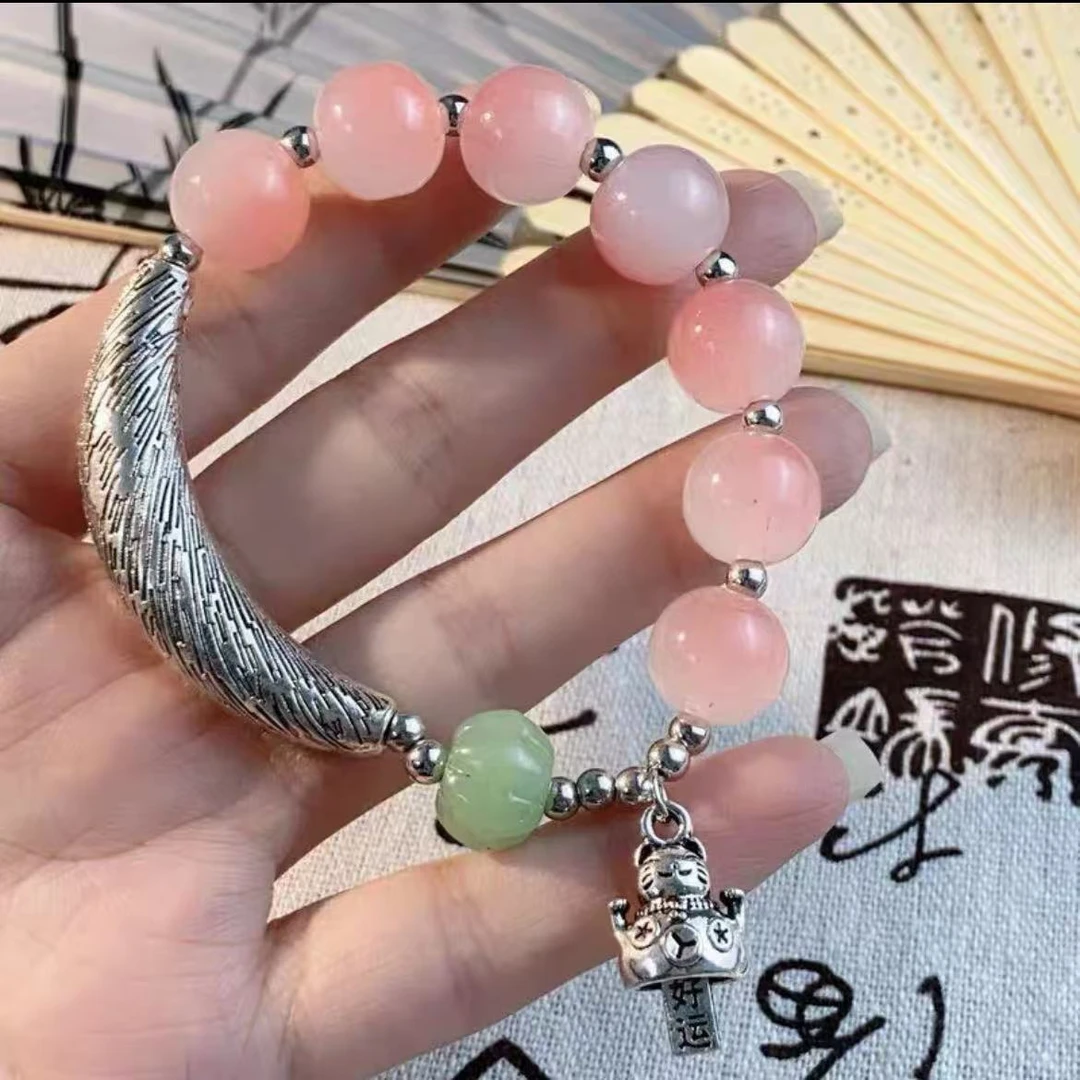 钛钢琉璃手链 3198桃花粉珠拉丝弯管猫咪弹力手串