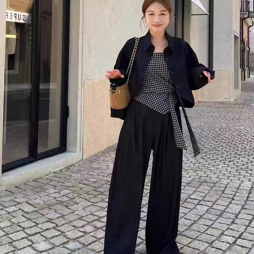 秋季西装阔腿裤休闲裤长裤轻熟风黑色衬衫时尚套装