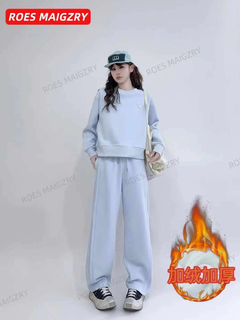 ROES MAIGZRY秋冬三角小标卫衣套装短款上衣弯刀裤两件套宽松卫衣