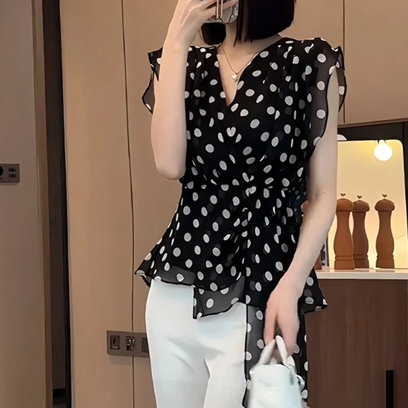 时尚优雅绝美黑色波点v领无袖网纱背心女夏季款洋气好看百搭衬衣