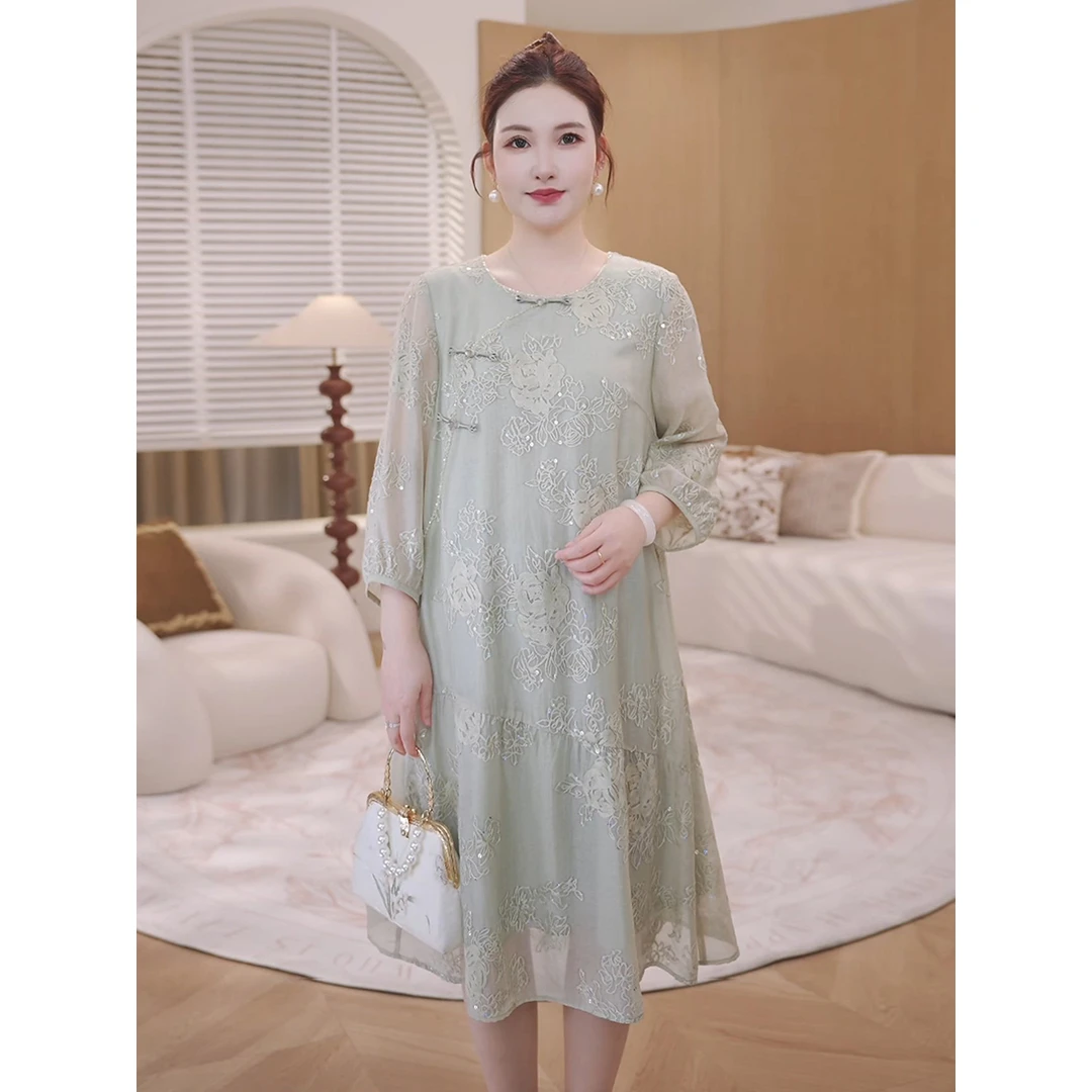 【秋漾云丝】MsShe大码女装秋季新中式珠片刺绣连衣裙S~E2508030