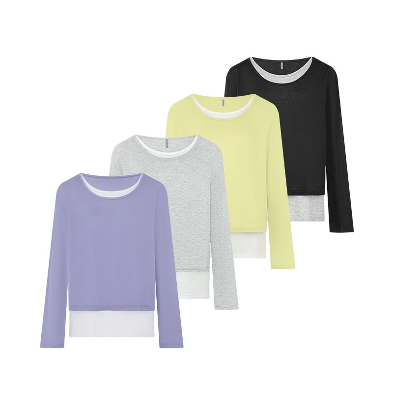 美洋MEIYANG 双皮奶T恤 欧若风兰精天丝|假两件双层圆领宽松长袖U