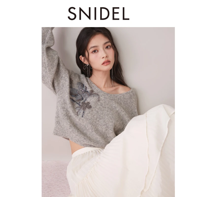 SNIDEL新品船领露肩钉珠刺绣羊毛针织衫毛衣SWNT245304