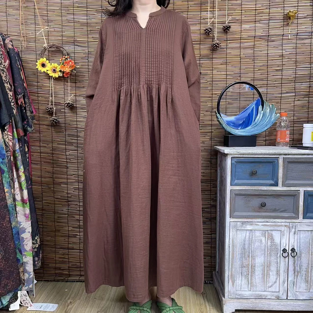 6278新款优雅显瘦小V领风琴褶皱长袖咖色大摆连衣裙时尚文艺
