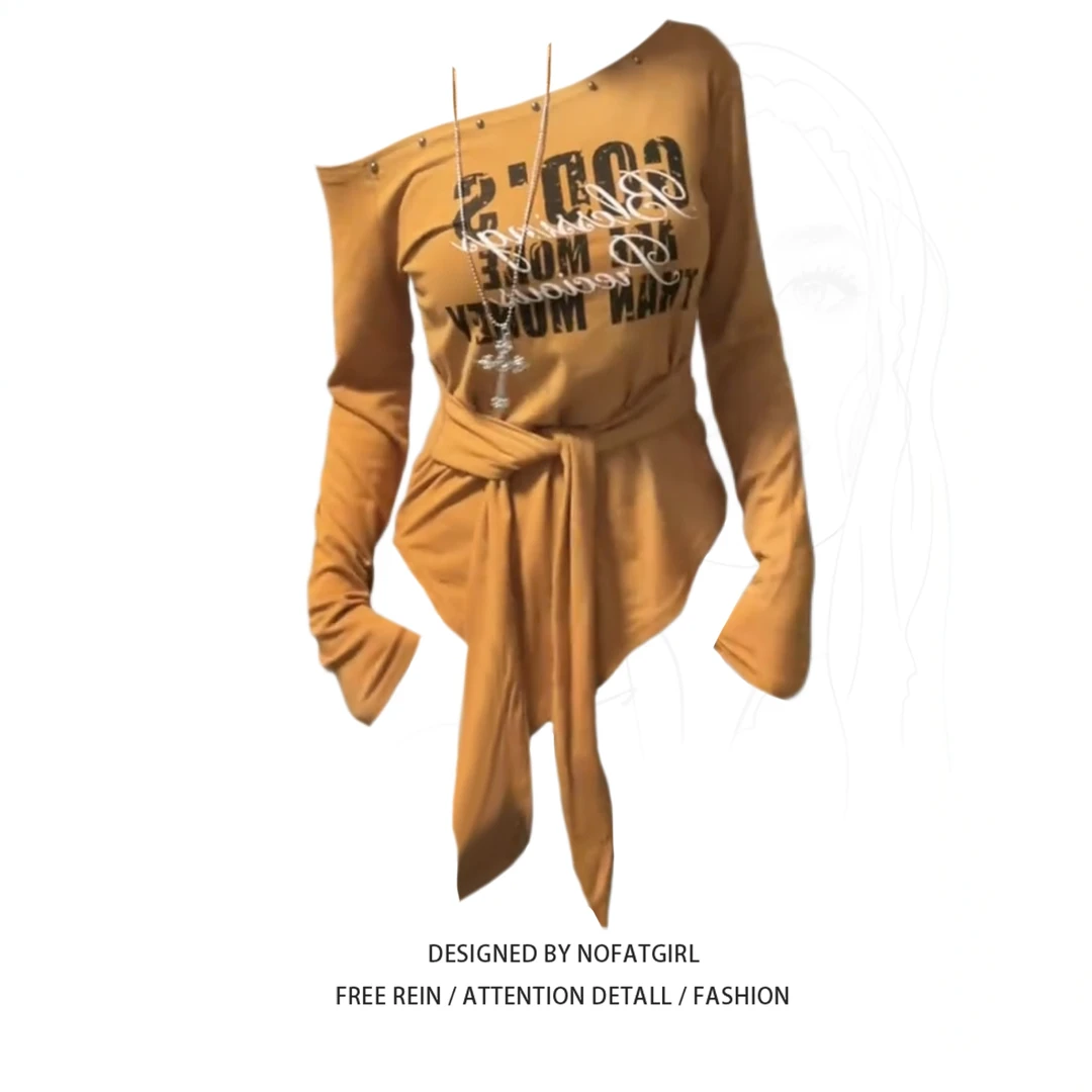 大码胖妹妹美式辣妹风字母印花长袖T恤早秋新款收腰显瘦斜肩上衣