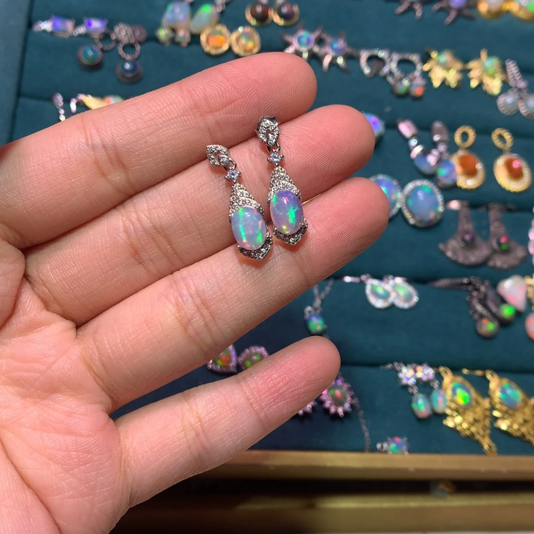 银S925镶嵌欧泊耳钉八***食