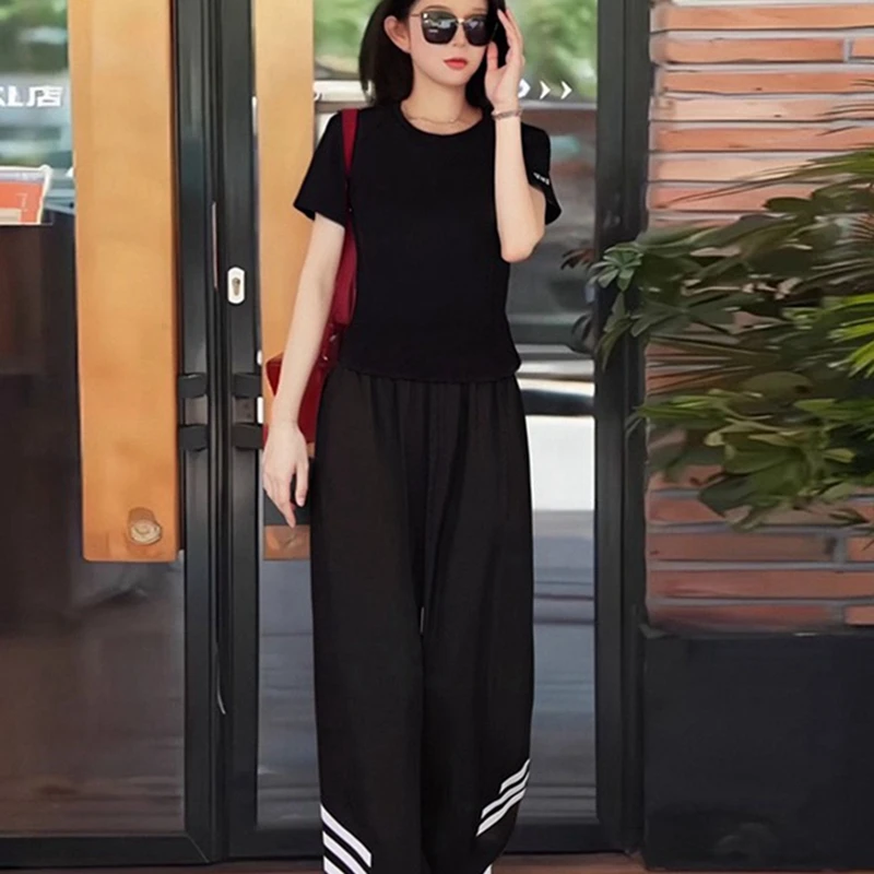 2025年新款夏季韩版时尚减龄黑色上衣阔腿裤休闲运动服一整套女装