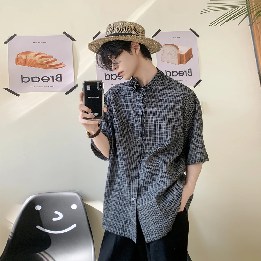 白口阳【废墟玫瑰】夏季个性设计玫瑰立领短袖衬衫休闲百搭衬衣C615