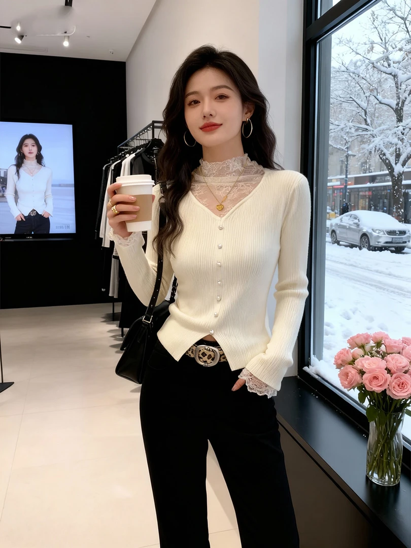 时尚新款休闲复古小众设计感蕾丝拼接钩花拼接新款时髦修身上衣潮