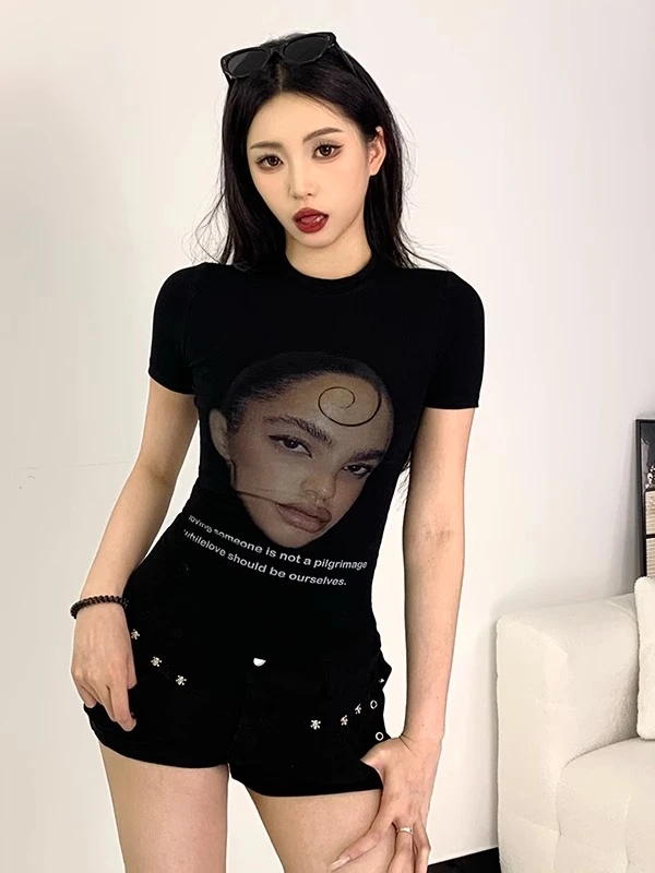 美式辣妹风潮酷人像印花圆领百搭短袖t恤紧身短款显瘦休闲上衣
