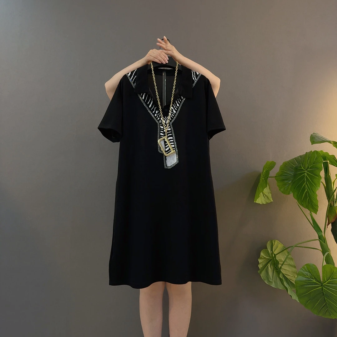 夏季新款韩版宽松遮肉显瘦大码POLO领女士直筒重工烫钻连衣裙