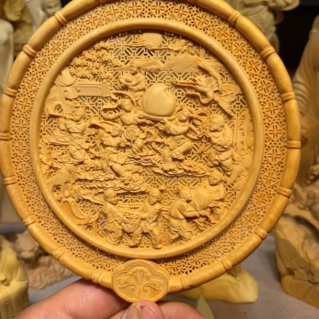 黄杨木百子图扇子