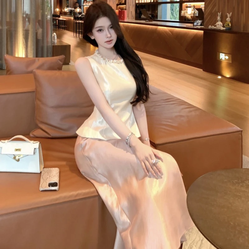 高级感重工钉珠无袖上衣女夏新中式国风鱼尾半裙长款包臀裙两件套
