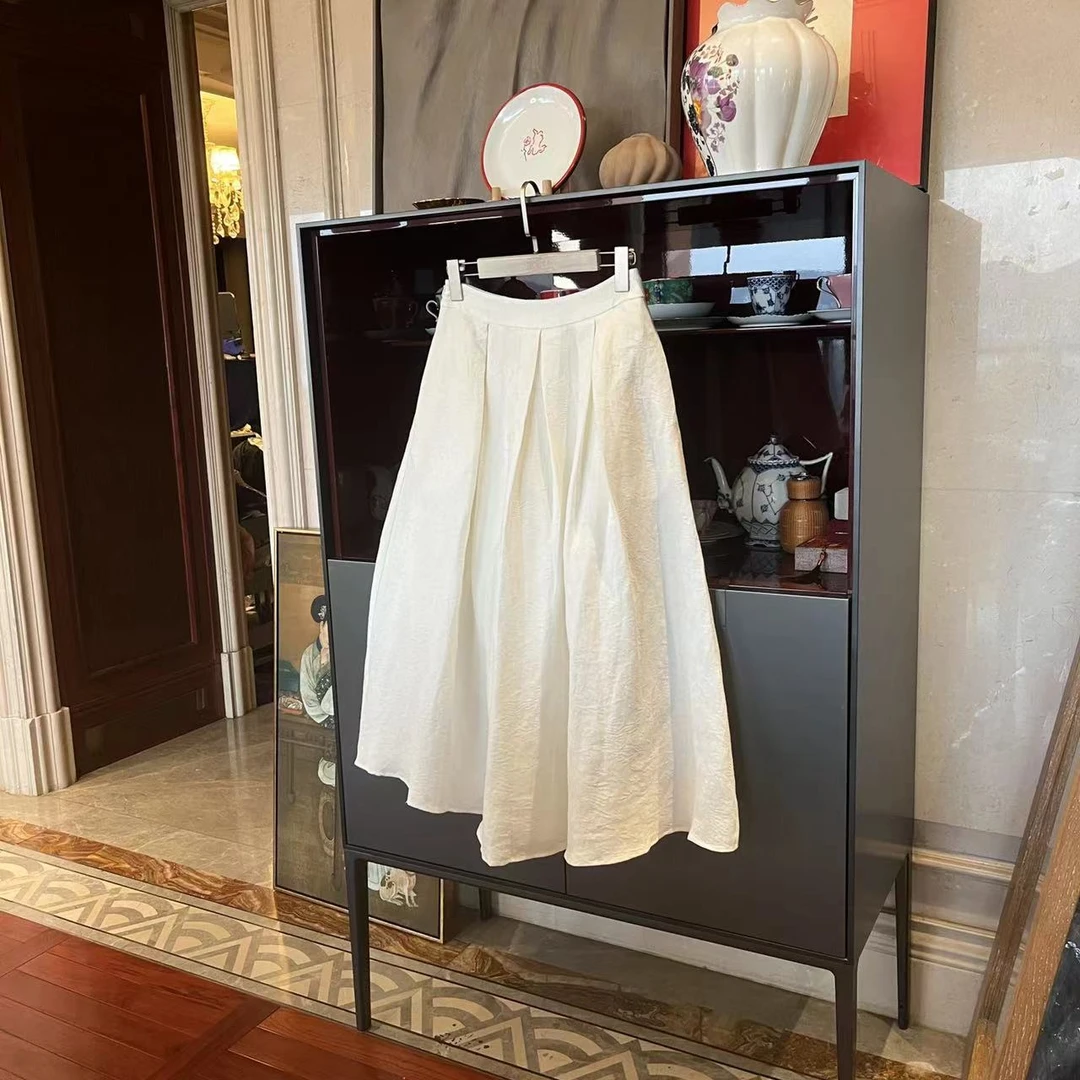 漫颜刘2024春季新品丝麻米白色半身裙中腰时尚休闲中长款纯色半裙