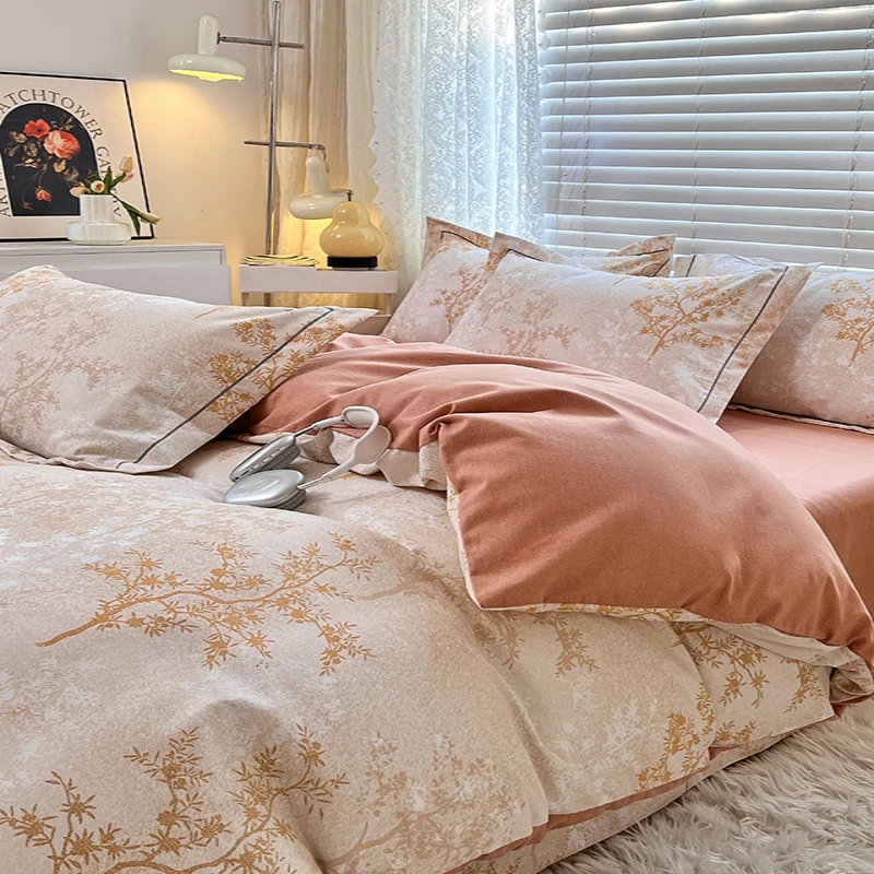 60花型加厚全棉四件套纯棉斜纹棉被罩简约印花单人磨毛亲肤三件套