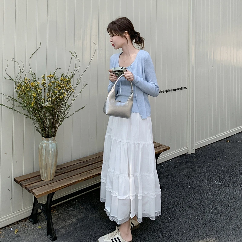 气质一整套ootd穿搭新款韩系爆款蓝色针织吊带开衫半身裙三件套