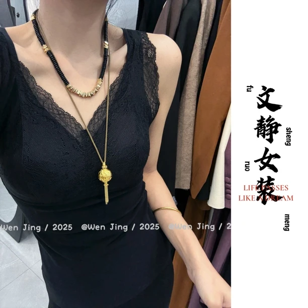 ［文静专属]秋冬必备性感蕾丝固定杯保暖背心美背女