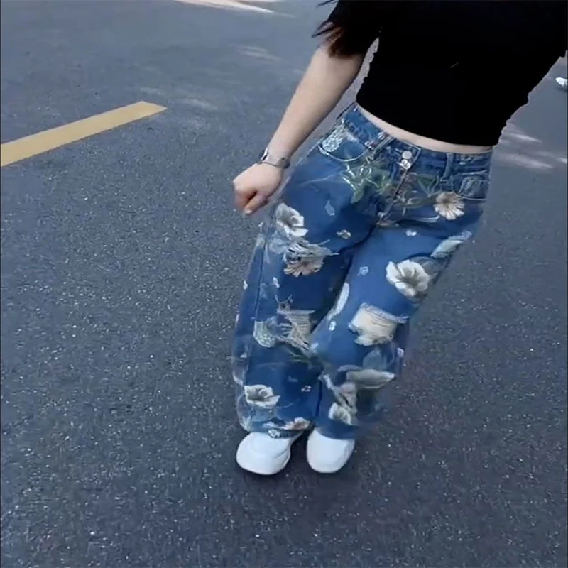 美式辣妹复古印花阔腿牛仔裤女2025夏季新款高街宽松直筒拖地裤潮