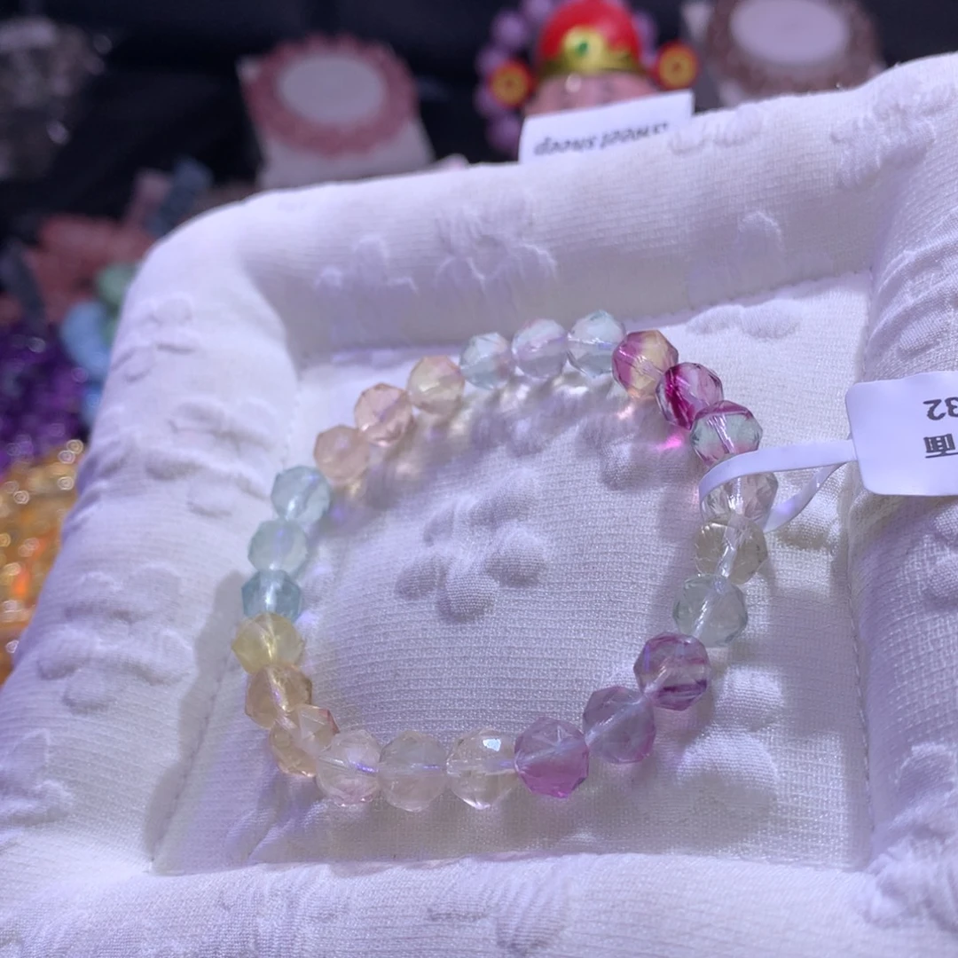 水晶手串银S925镶嵌彩萤石切面 7m+