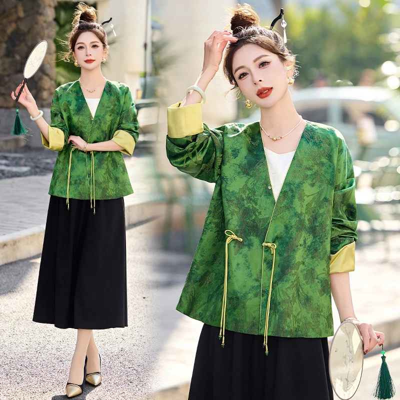 新中式国风提花外套女2025春装新款气质休闲宽松复古盘扣V领上衣