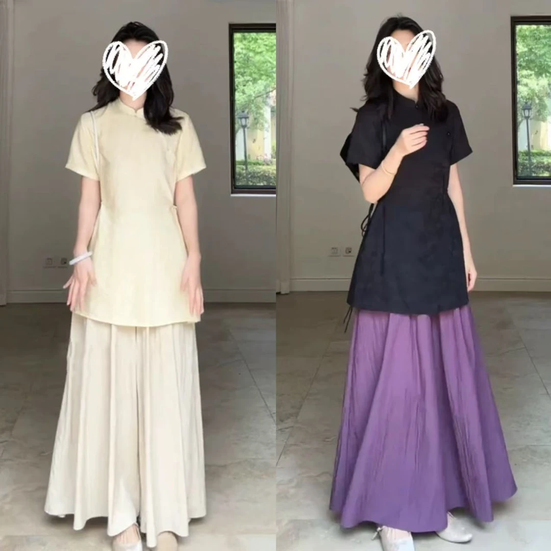 胖MM新中式国风收腰盘扣上衣高腰宽松显瘦阔腿裤套装