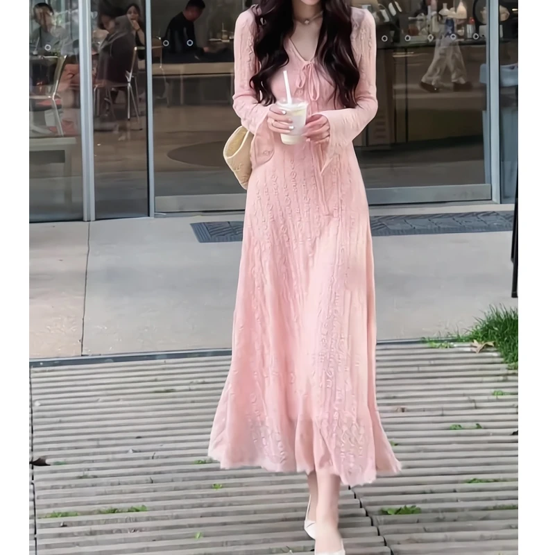 桃花坞散发魅力透感蕾丝高弹针织精致v领开叉连衣裙两件套时尚裙