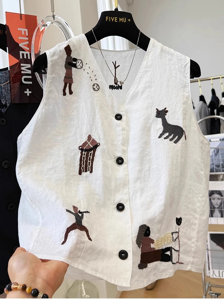 1229纯棉重工刺绣韩系V领马甲背心外穿无袖坎肩上衣女夏季薄款