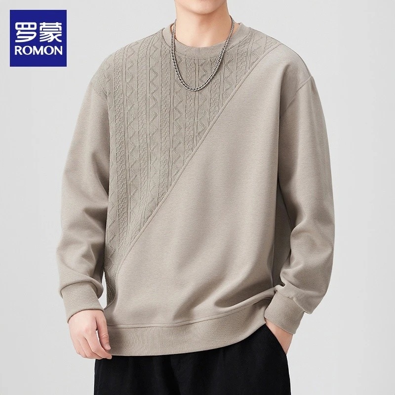 罗蒙男士圆领卫衣2025秋季新款潮流宽松休闲拼接慵懒风上衣服男装