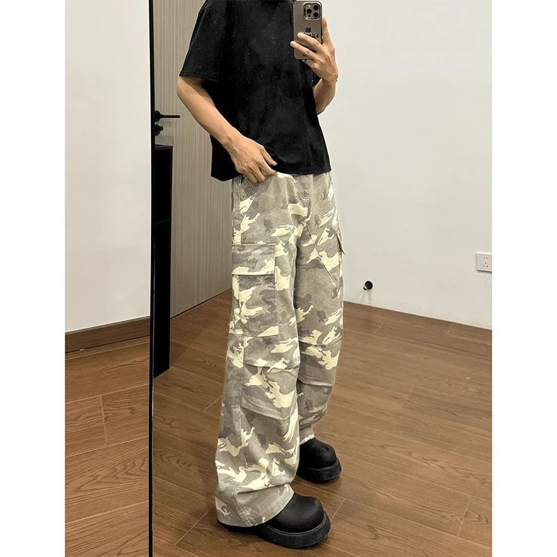 cleanfit白卡其迷彩裤男秋季潮牌vibe高街伐木裤子大口袋阔腿长裤
