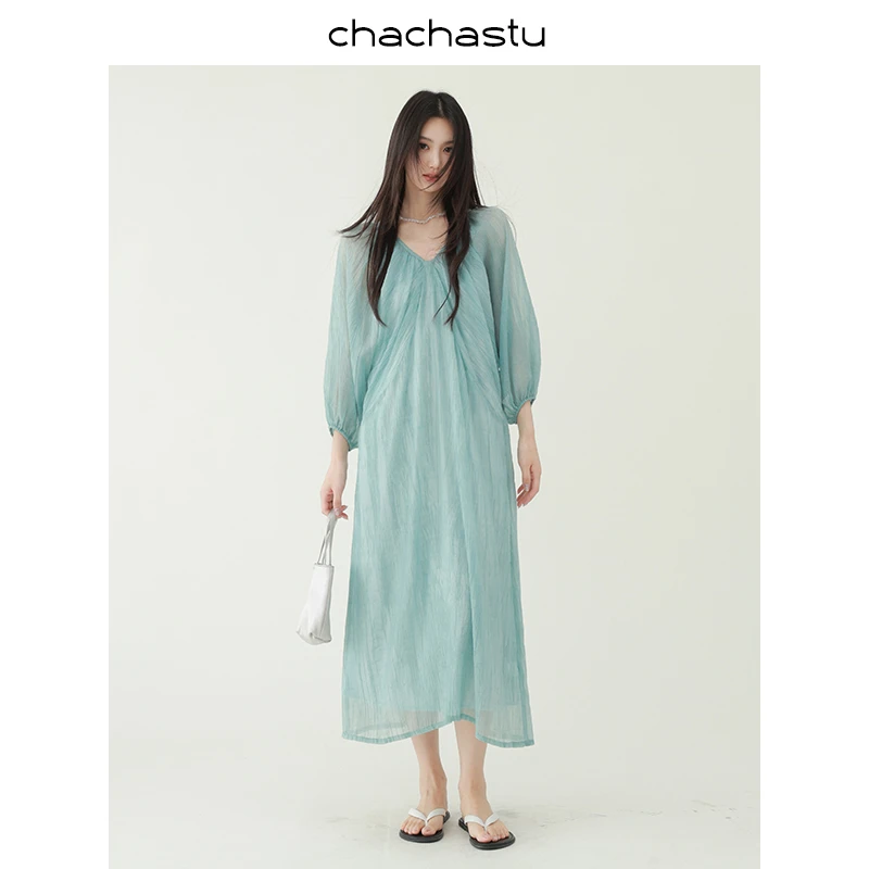 CHACHASTU【出游】女明星~气质廓形湖水蓝长裙两件套ZRS1770