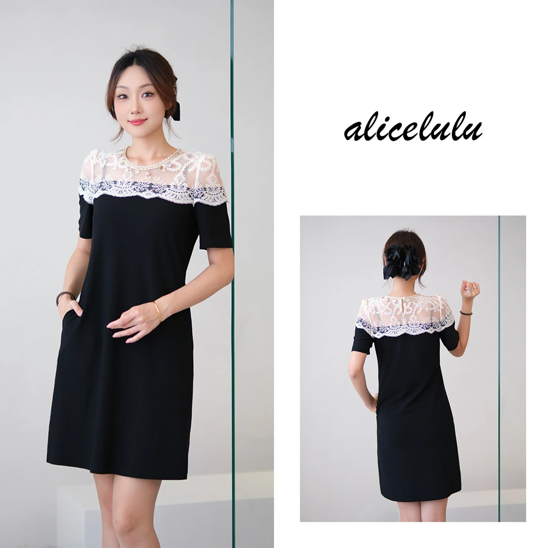 [alicelulu] 法式气质蕾丝拼接连衣裙修身重工时尚优雅S1035160W