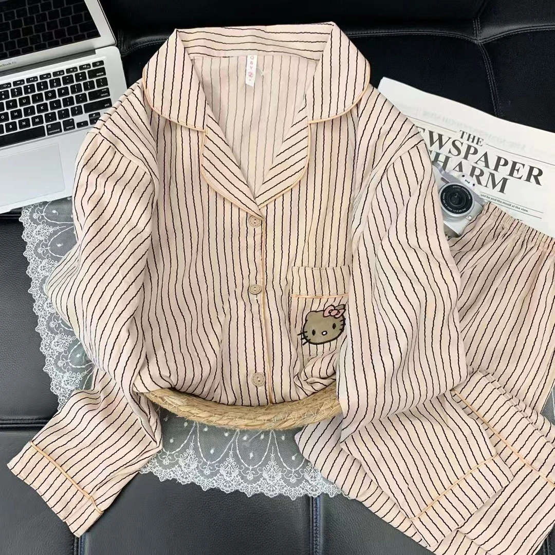 kitty猫卡其色长裤翻领秋季阔腿裤防蚊裤家居服套装长袖睡衣