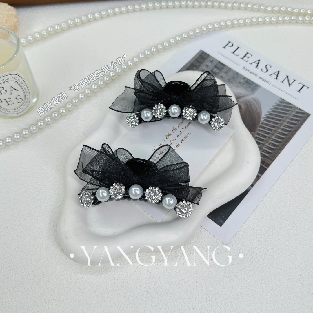 森系时尚轻奢高级感珠珠太阳花网纱蝴蝶结气质发卡抓夹发夹7cm