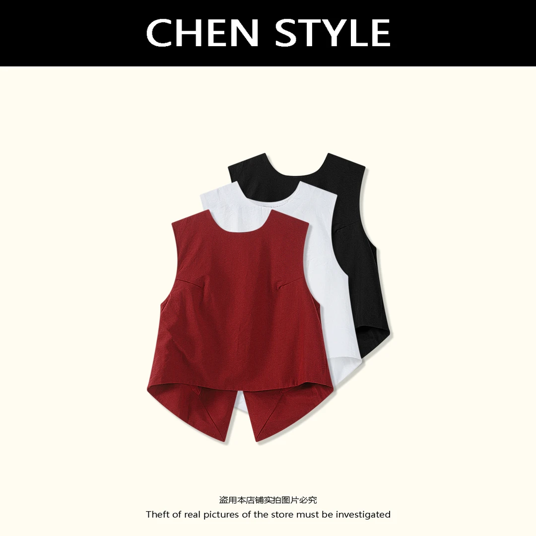 楚楚君【暗藏心机】夏款圆领不规则开叉净版简约无袖上衣Y47241