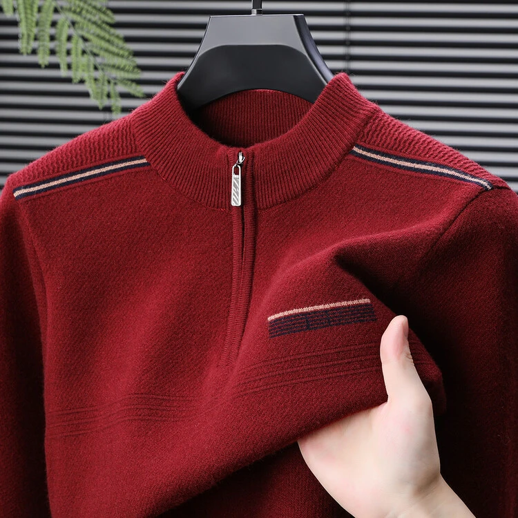 轻奢刺绣冬季男士羊绒衫中年男装休闲纯色针织衫拉链加厚羊毛毛衣
