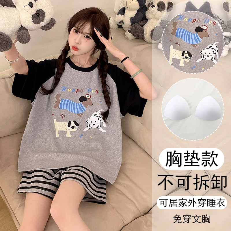 可外穿睡衣女夏2025年新款带胸垫短袖大码学生简约宽松套装家居服