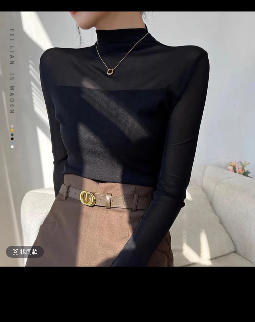 319黑色半高领网纱打底衫显瘦微透上衣