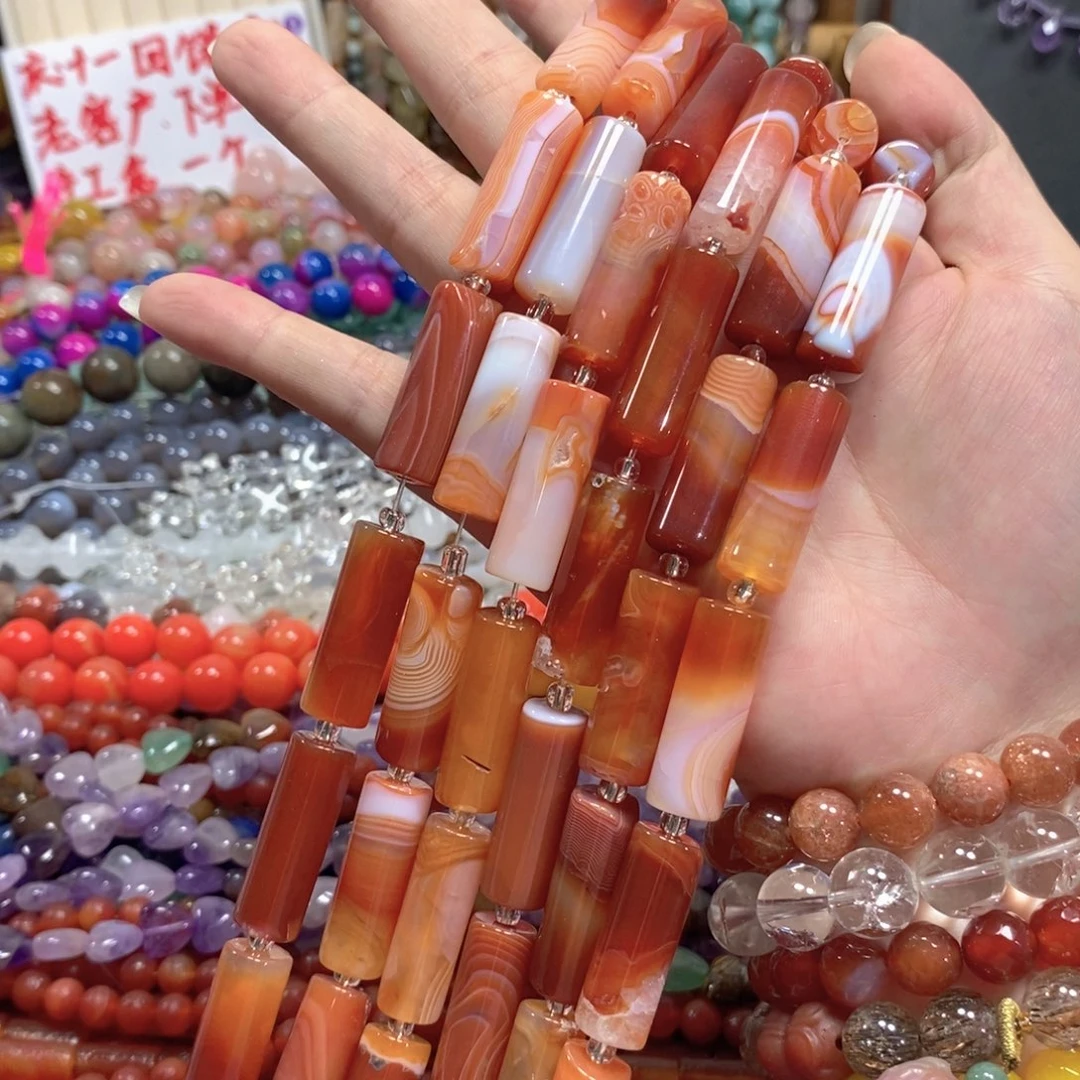 玛瑙/玉髓未镶嵌珠宝半成品玛瑙炮仗一条卡10*30mm