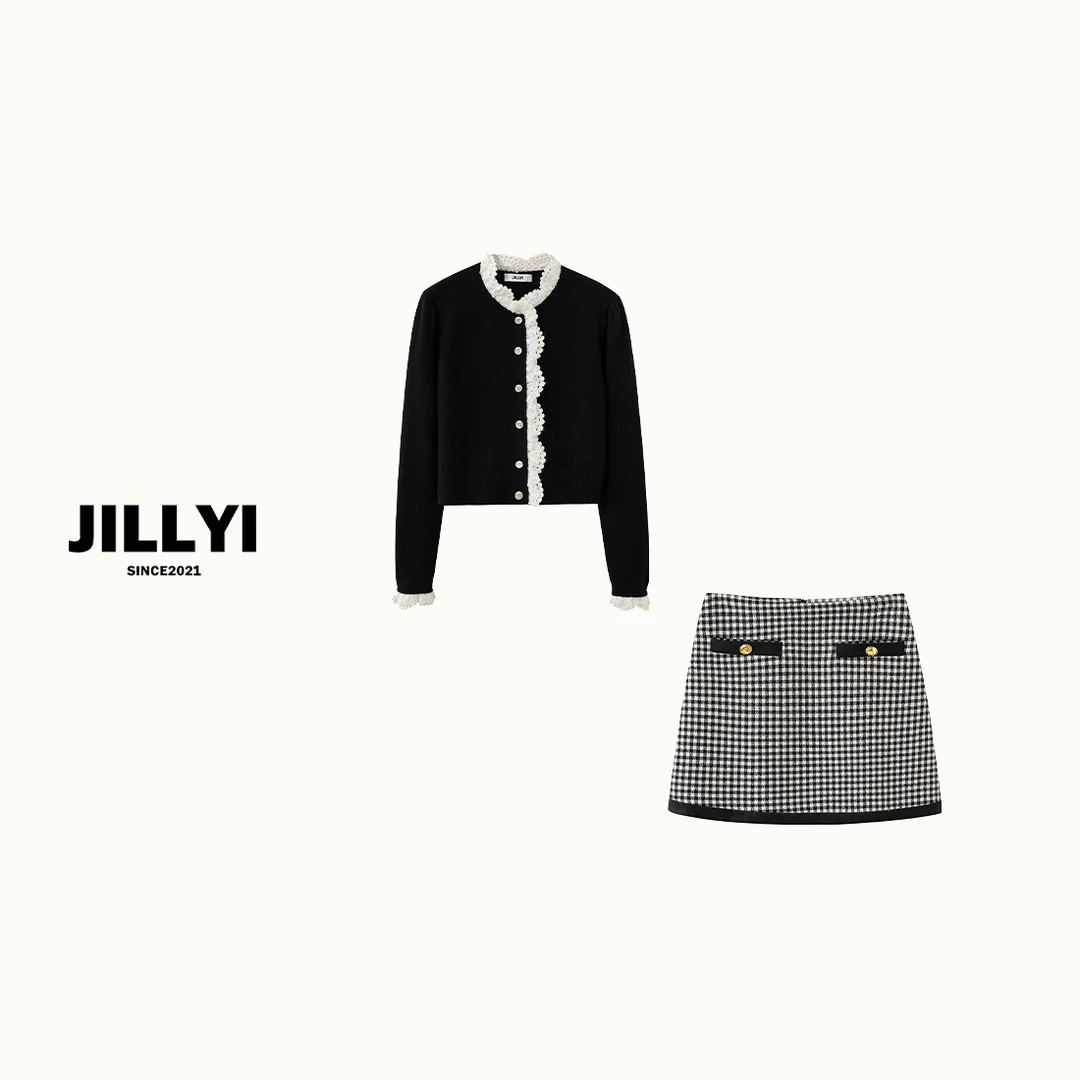 JILLYI【慵懒时光套装】黑色拼接白棉纱针织开衫+千鸟格半裙套装