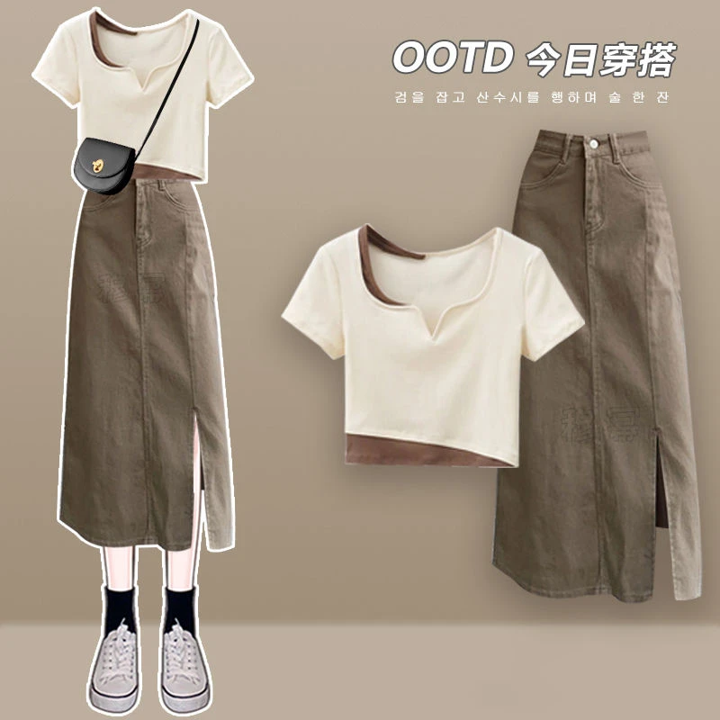 夏季穿搭一整套装2025新款短袖V领上衣胖mm显瘦牛仔半身裙两件套