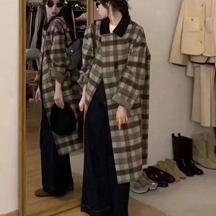 2025新款小清新绿格子双面羊毛大衣时尚百搭翻领