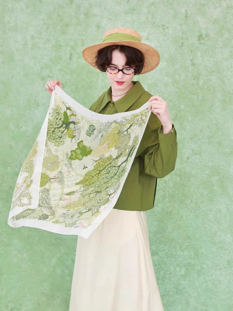 绿色童话｜14姆米桑蚕丝65*65方巾森系潮流文艺显白