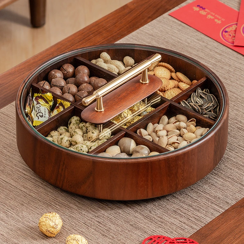 【新年待客摆件】圆形胡桃木旋转干果盒30CM客厅边几茶几茶空间摆件