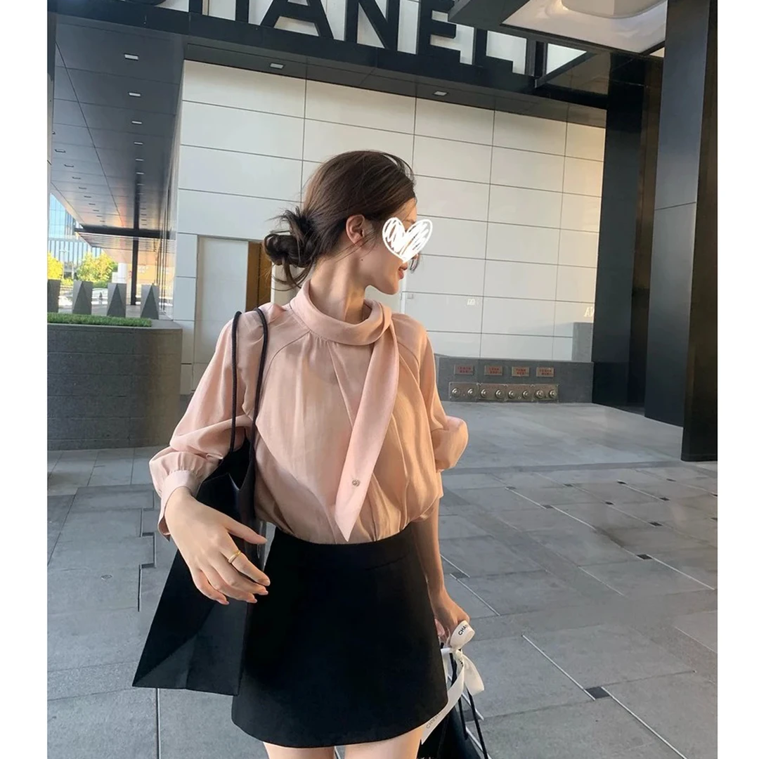 富家欧尼~韩系一字飘带领系扣粉色气质长袖衬衫 #C1156