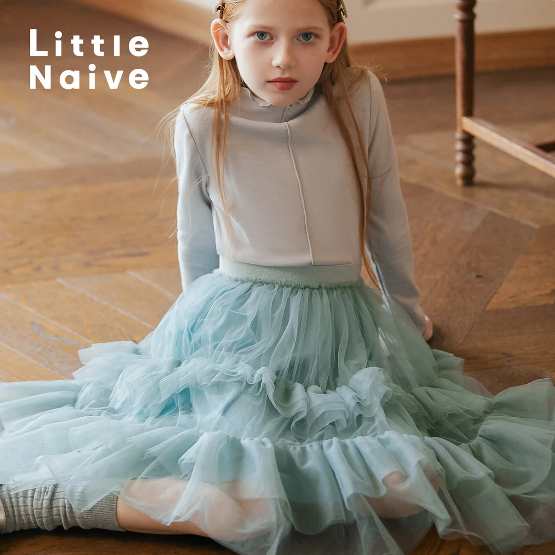 Little Naive女童甜美连衣裙木耳边蛋糕裙蓬蓬网纱裙公主裙半身裙